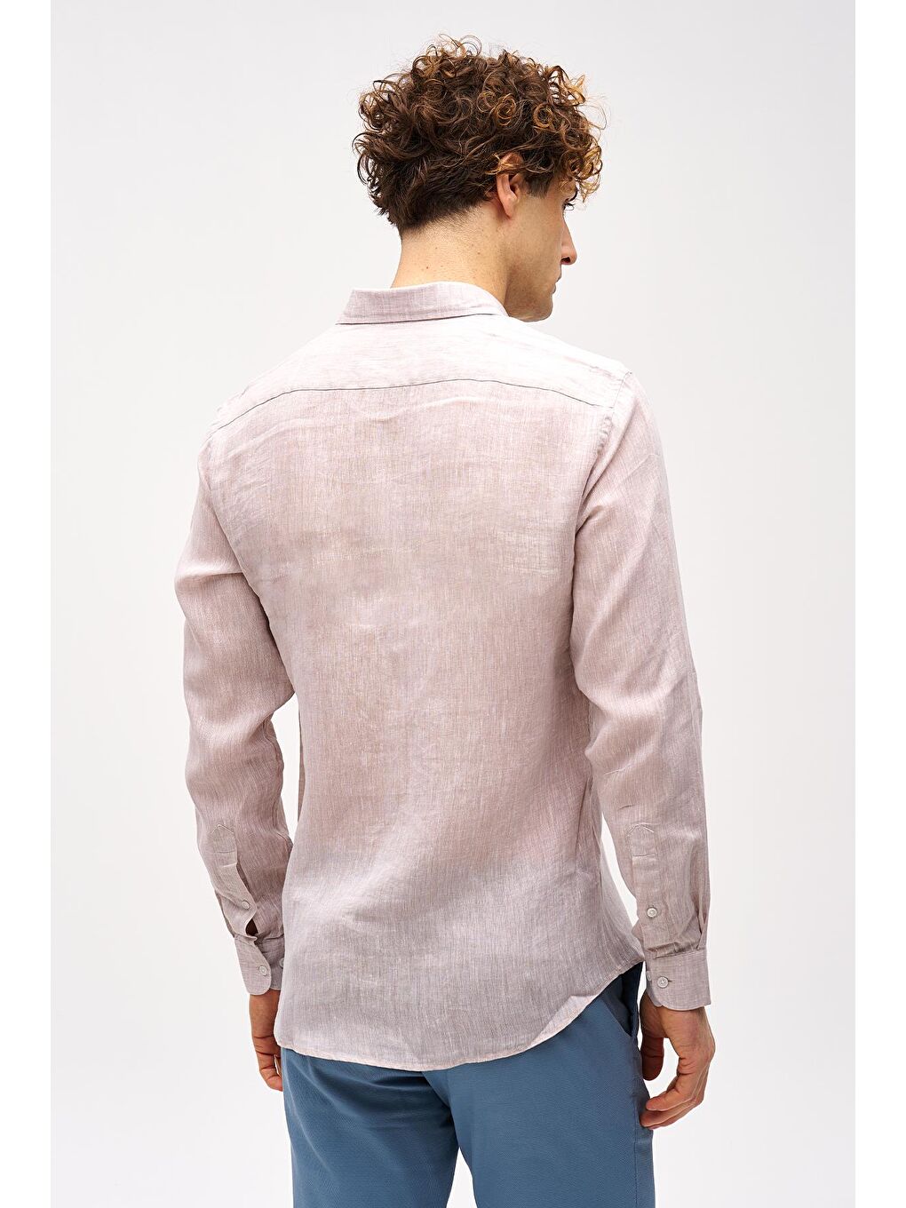 Bej Dynamic Fit Düğmeli Yaka Düz Uzun Kollu Cepsiz %100 Keten Gömlek-4