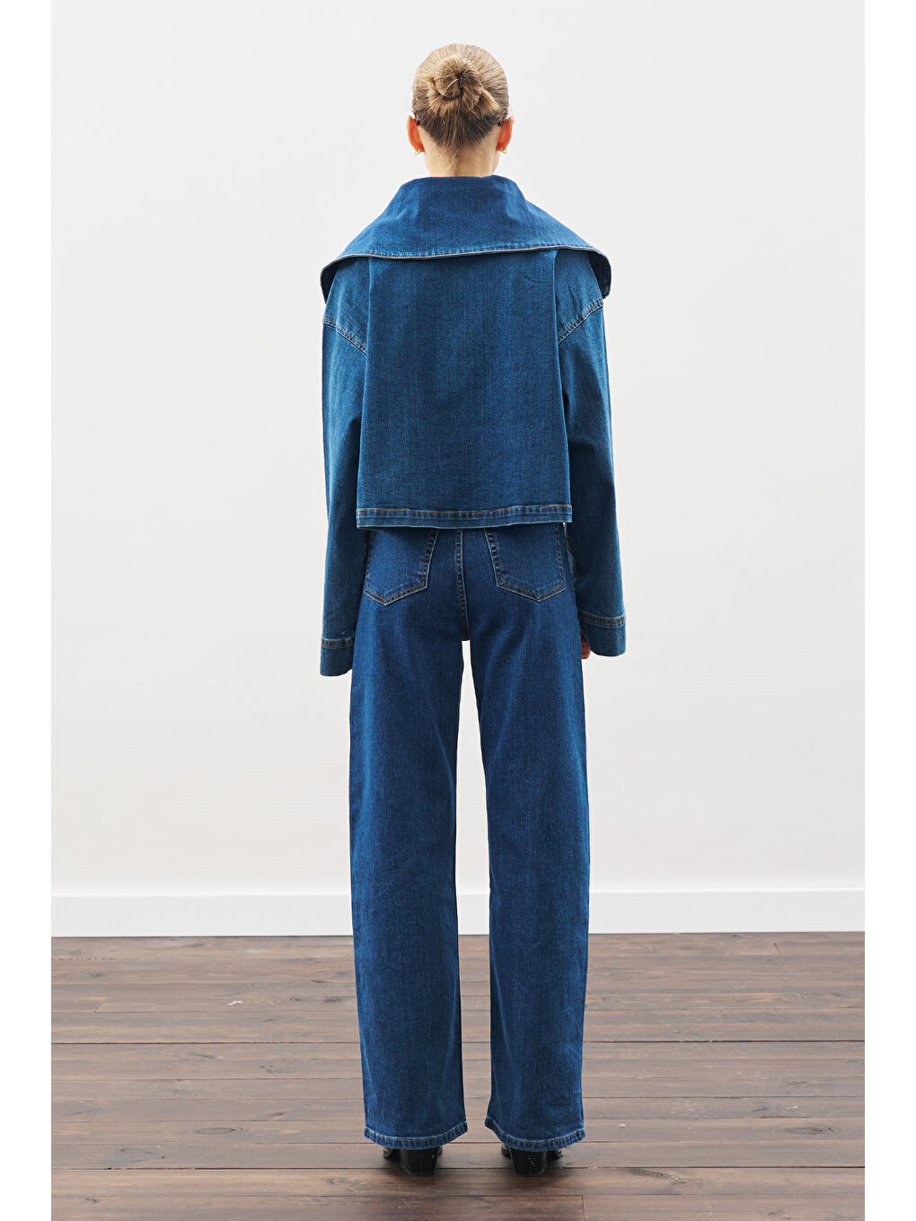 Geniş Yakalı Denim Bluz Koyu Mavi-5