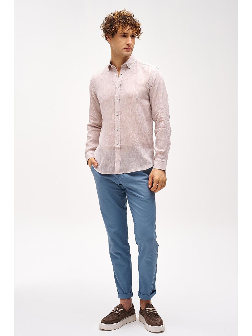 Bej Dynamic Fit Düğmeli Yaka Düz Uzun Kollu Cepsiz %100 Keten Gömlek-5