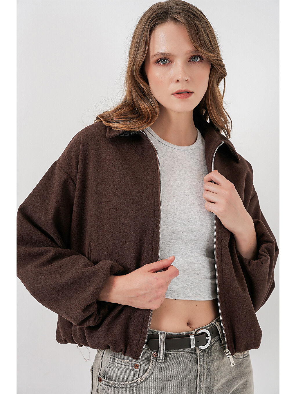 Kadın Büzgülü Oversize Kaşe Ceket 0728 - Kahverengi