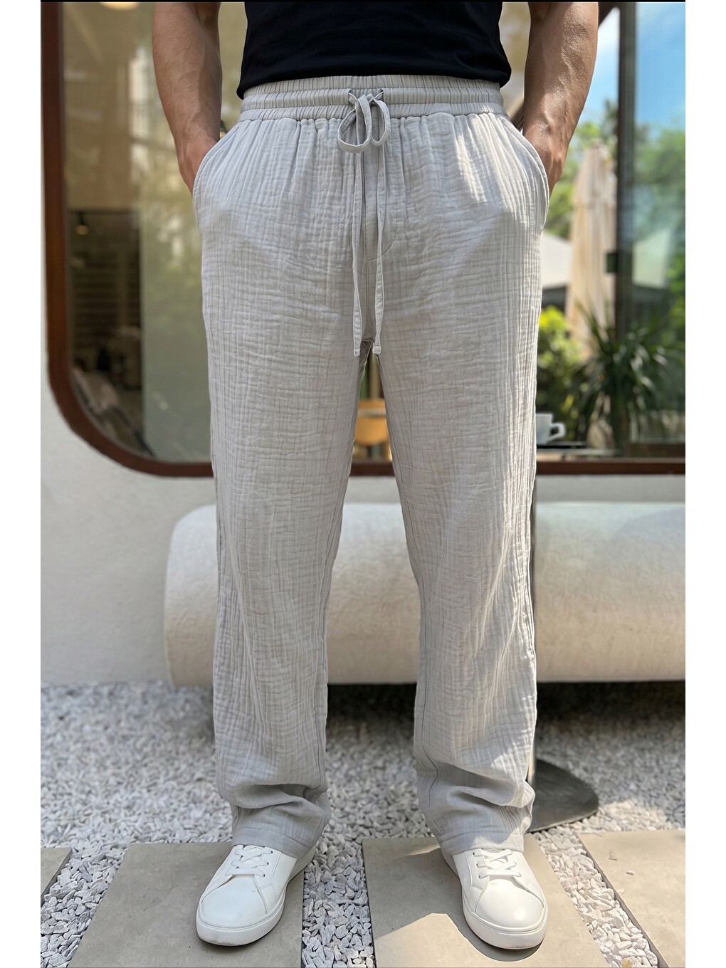Gri Balve %100 Pamuk Baggy Müslin Kumaş Erkek Pantolon Bağcıklı Lastikli Bel Yazlık Pantolon