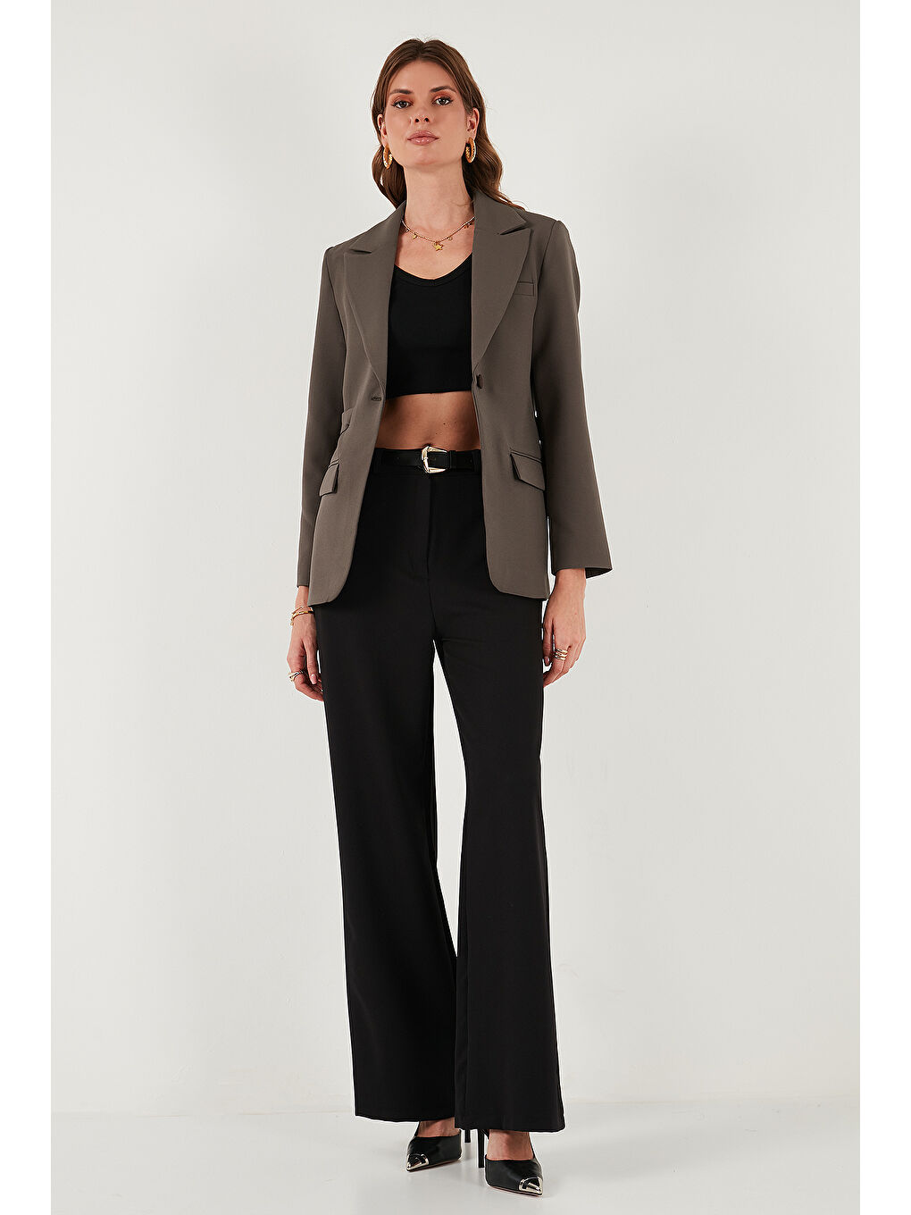 Kahverengi Regular Fit Kruvaze Yaka Kemerli Blazer Ceket 6839367-1