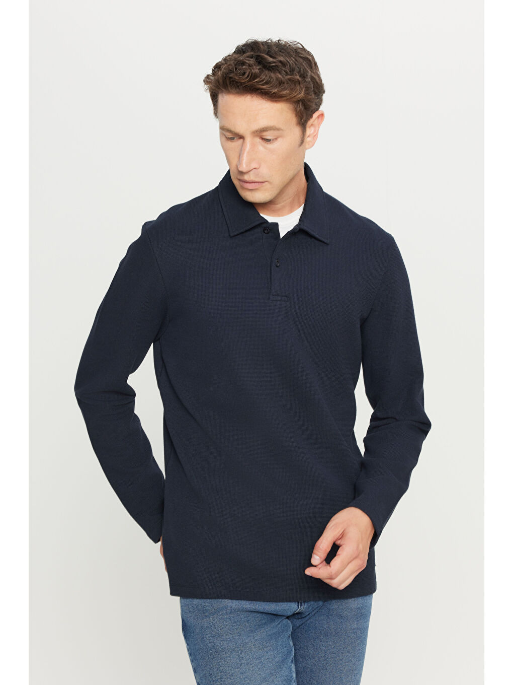 Erkek Lacivert Pamuklu Slim Fit Dar Kesim Polo Yaka Uzun Kollu Jakarlı Esnek Tişört-2