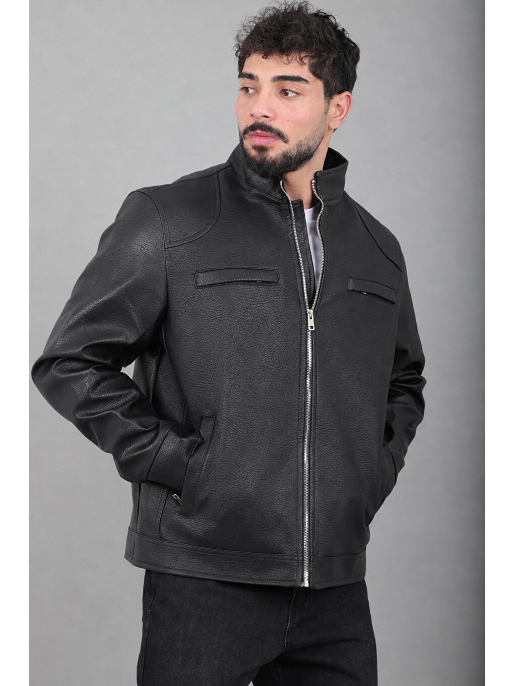 Siyah Göğüs Cep Kapaklı Suni Deri Mont Kmd 874_50520-2