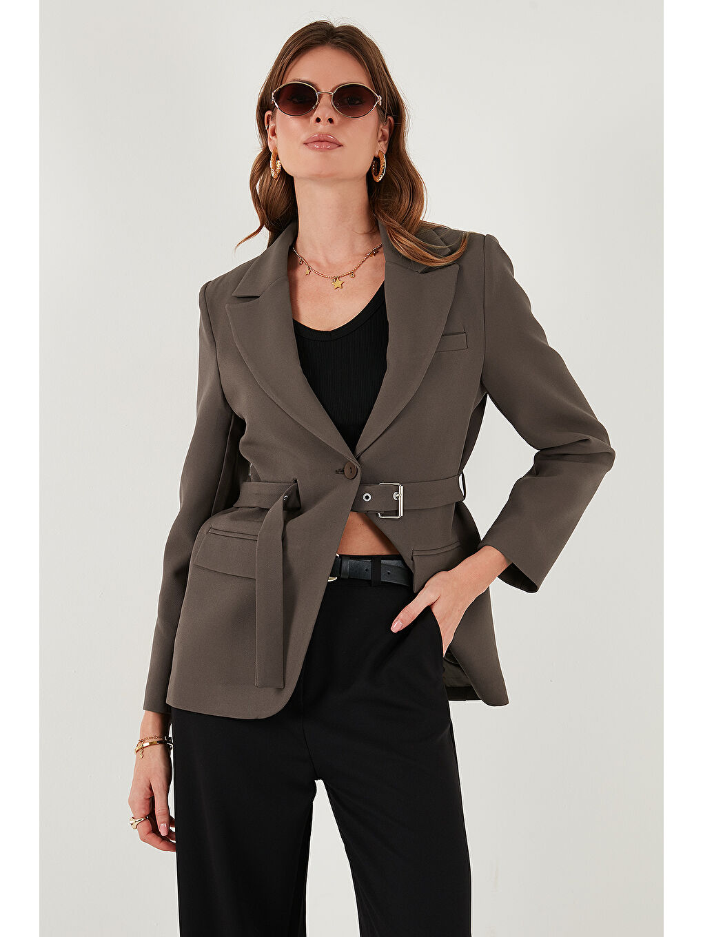 Kahverengi Regular Fit Kruvaze Yaka Kemerli Blazer Ceket 6839367-2