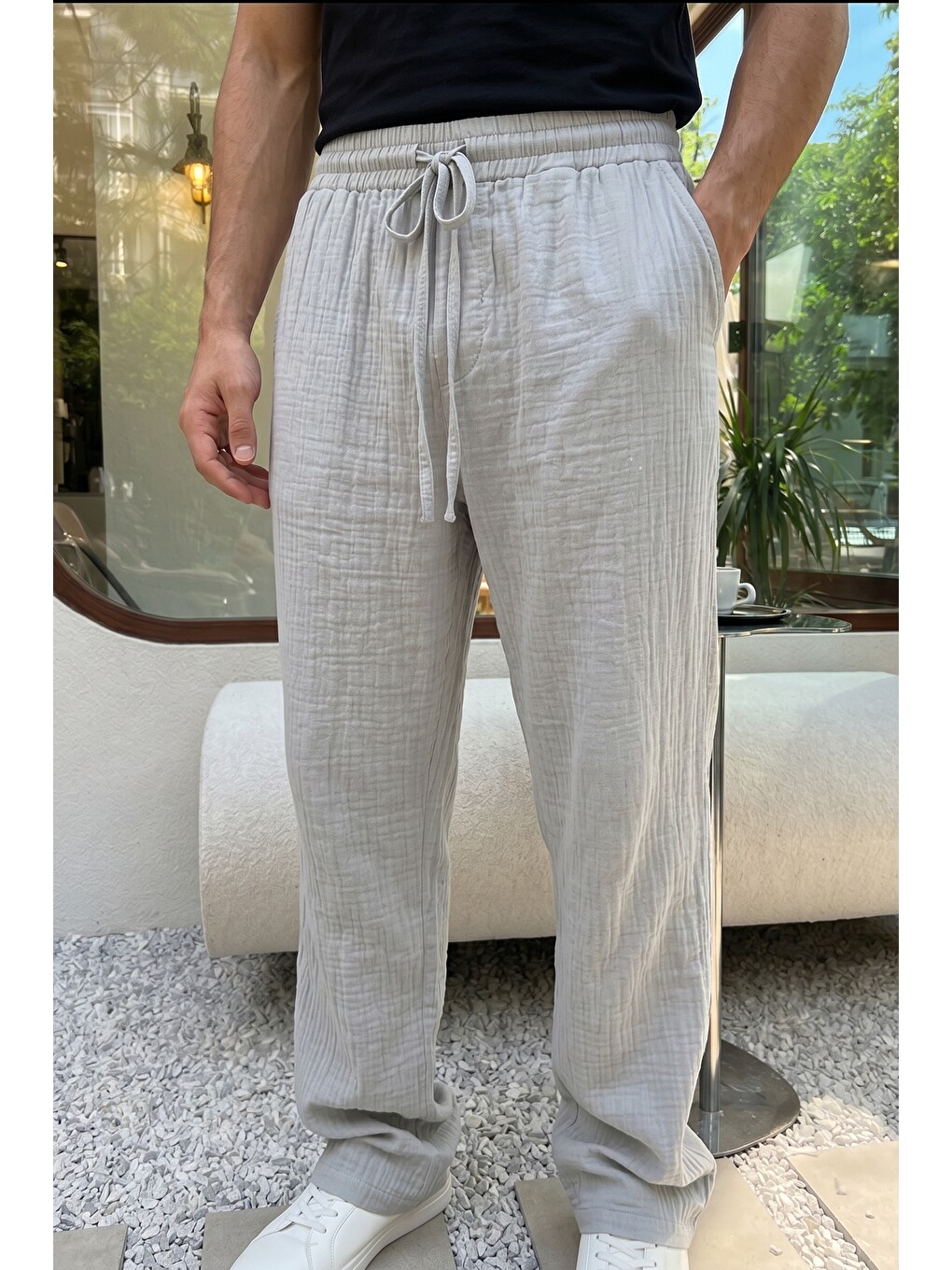Gri Balve %100 Pamuk Baggy Müslin Kumaş Erkek Pantolon Bağcıklı Lastikli Bel Yazlık Pantolon-2