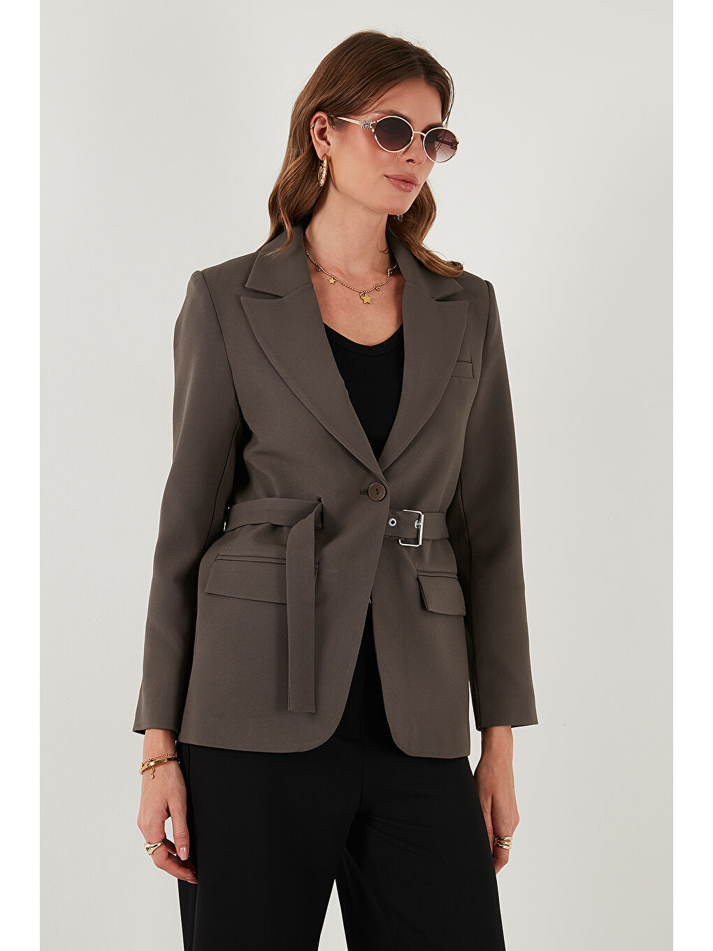 Kahverengi Regular Fit Kruvaze Yaka Kemerli Blazer Ceket 6839367-3