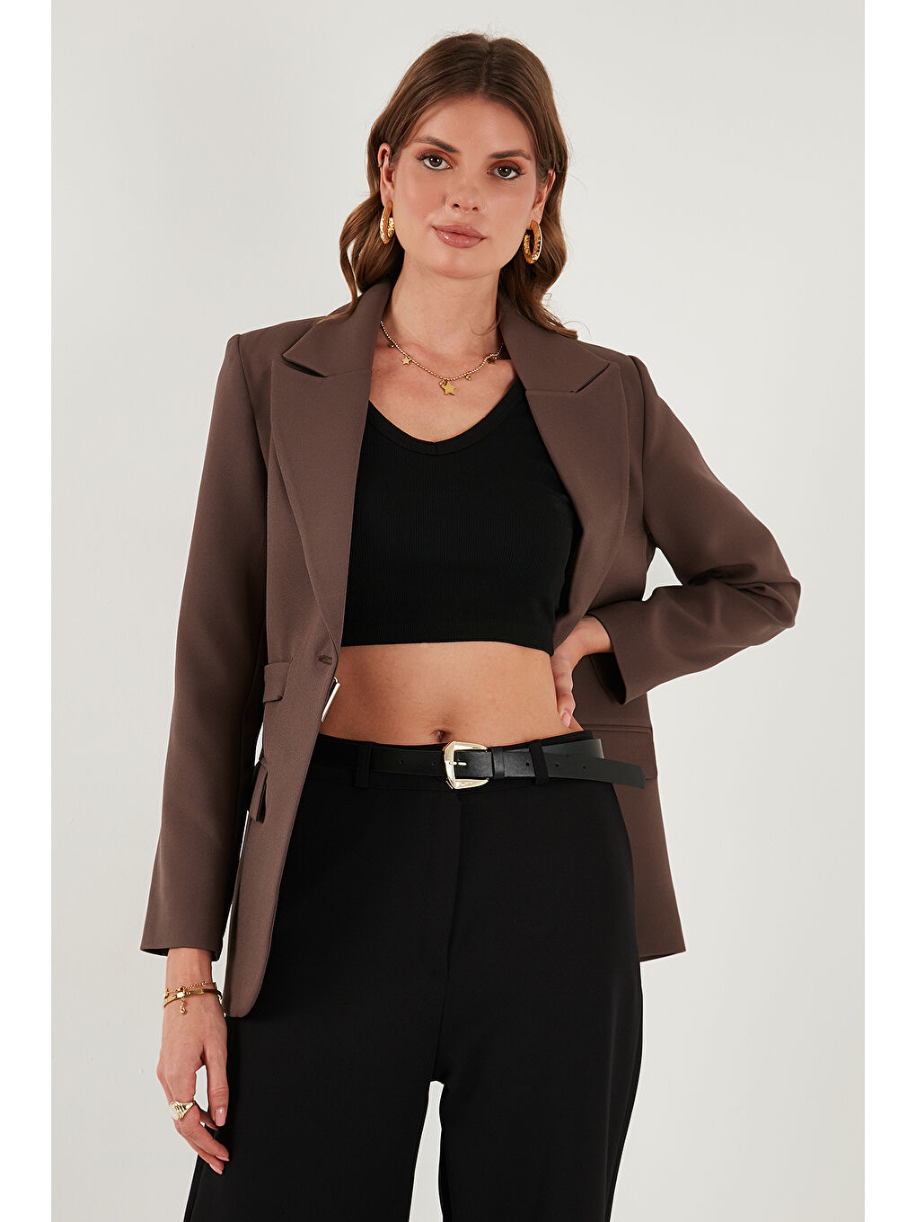 Kahverengi Regular Fit Kruvaze Yaka Kemerli Blazer Ceket 6839367-4