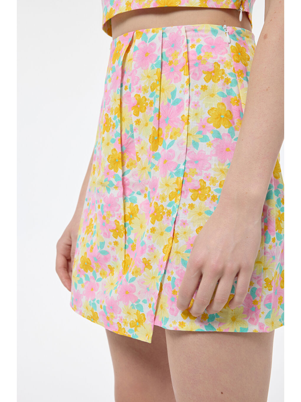 Çiçek Desenli Pileli Mini Etek Pembe-3