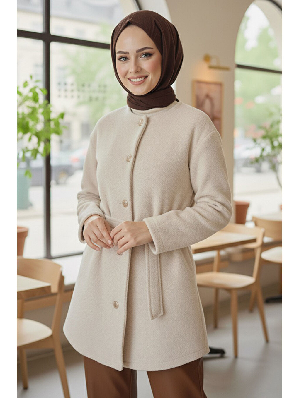 Değmeli Kuşaklı Kaşe Ceket Ekru - 28008-EKRU-1