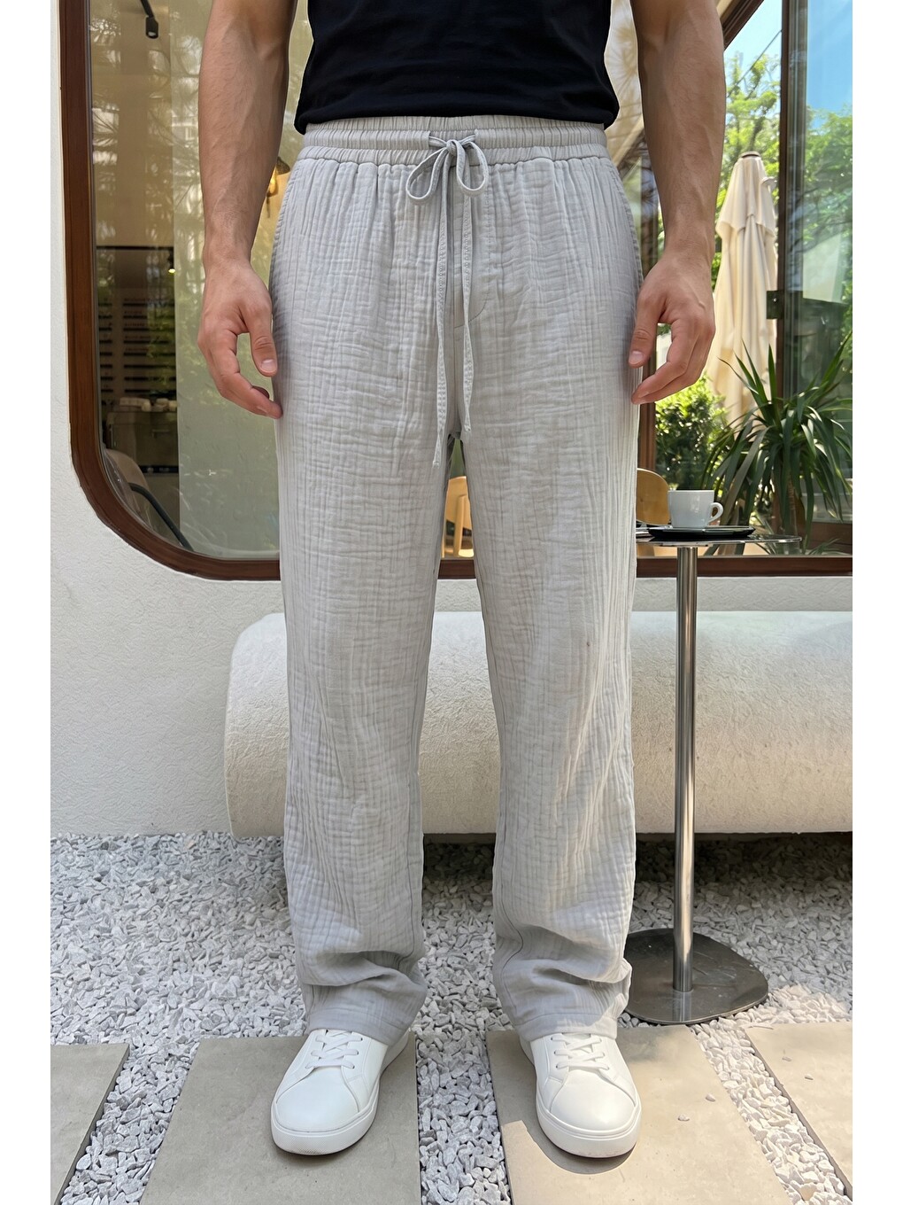 Gri Balve %100 Pamuk Baggy Müslin Kumaş Erkek Pantolon Bağcıklı Lastikli Bel Yazlık Pantolon-4