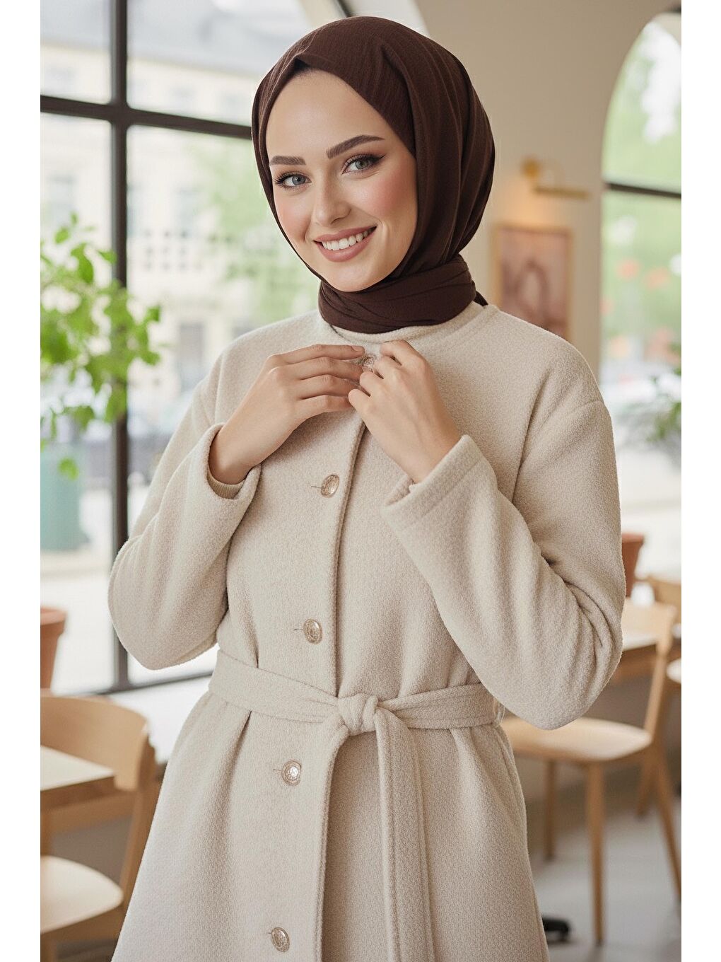 Değmeli Kuşaklı Kaşe Ceket Ekru - 28008-EKRU-2