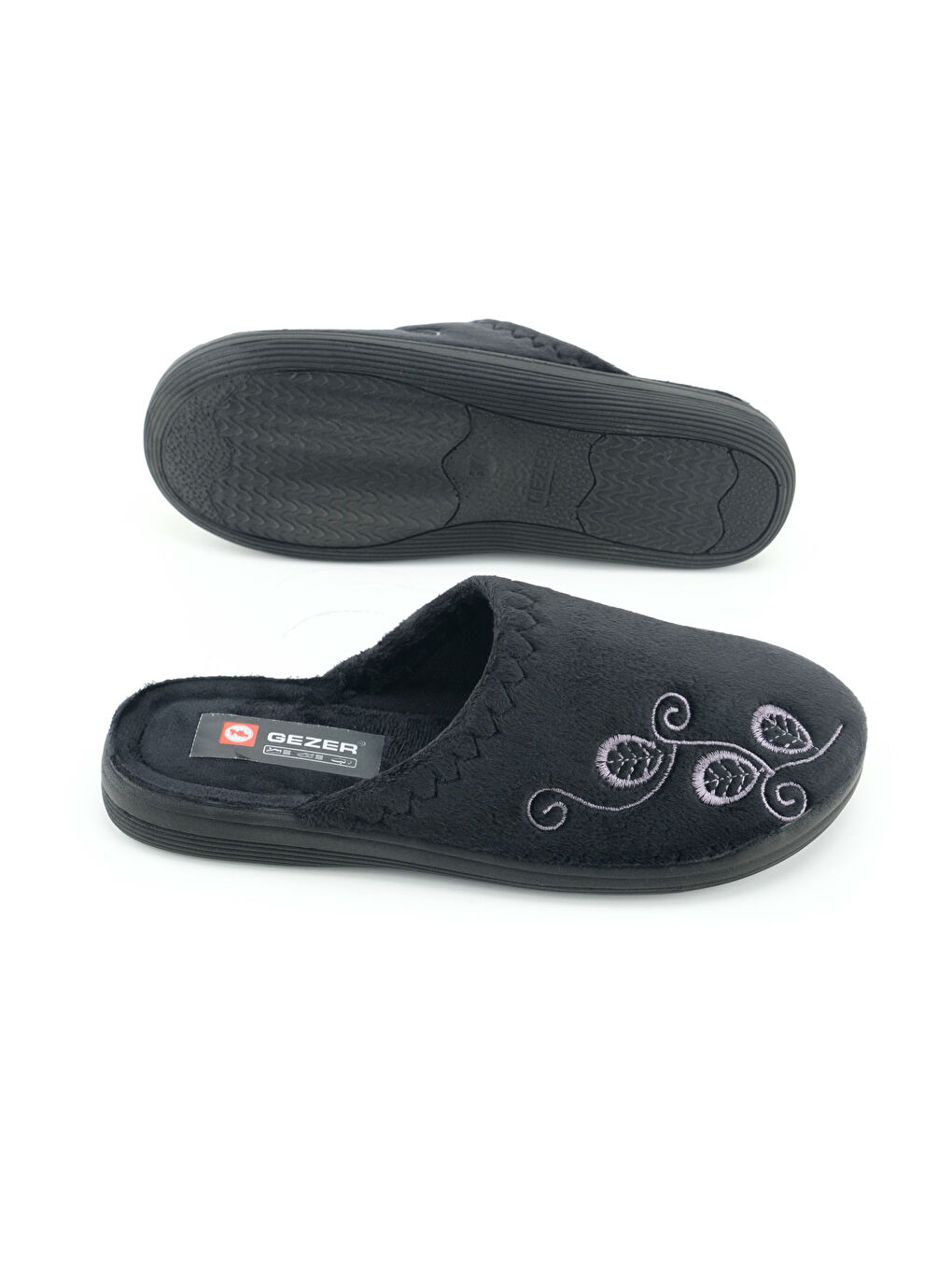Siyah Kadın Kışlık PU Rahat Taban Nakışlı Tasarım Ev Bahçe Terlik-4