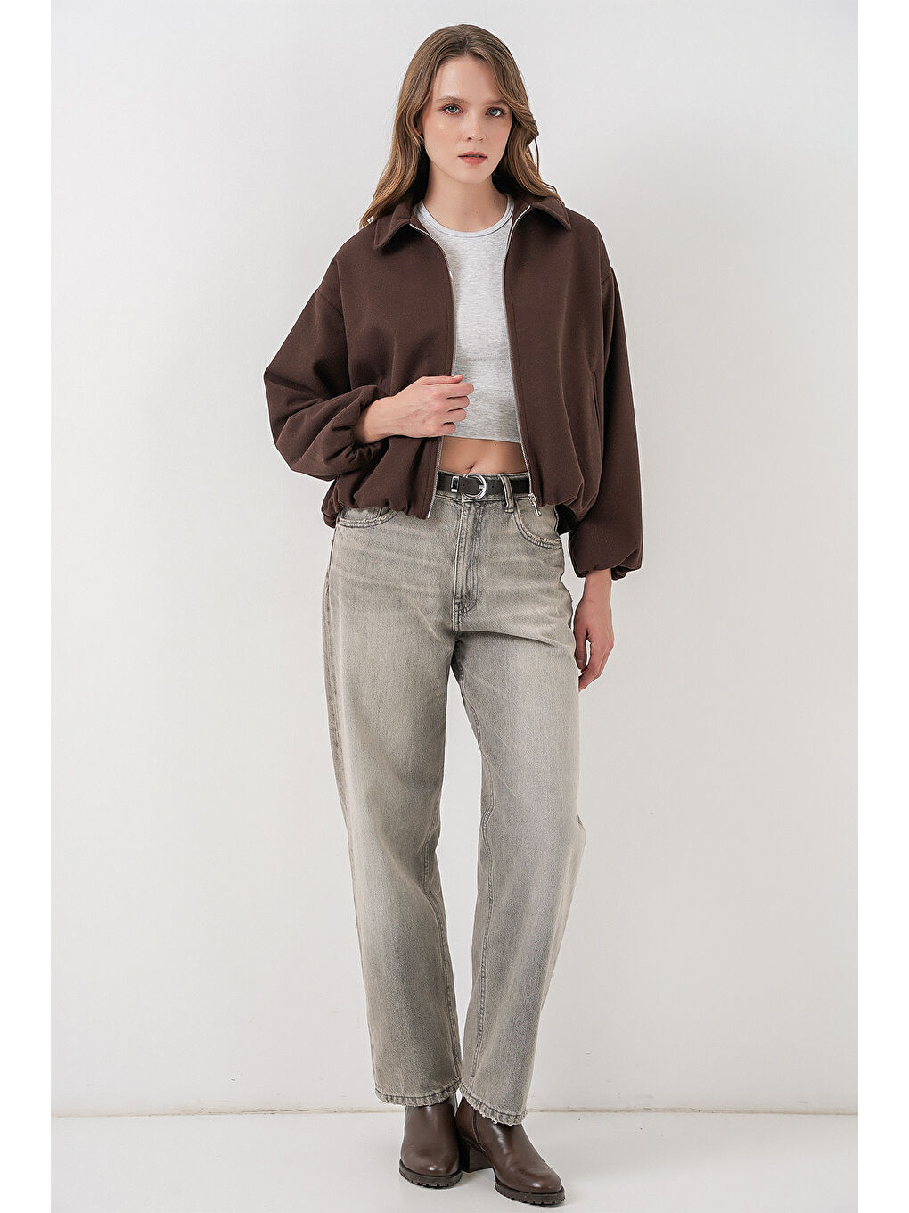 Kadın Büzgülü Oversize Kaşe Ceket 0728 - Kahverengi-1