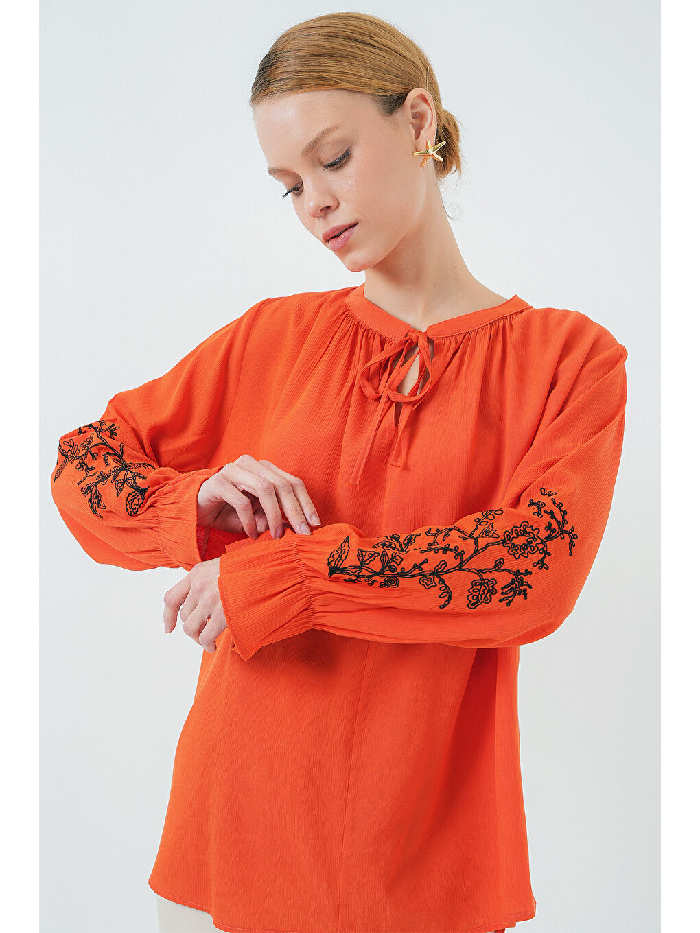 Kadın Nakışlı Örme Bluz 941 - Turuncu-2