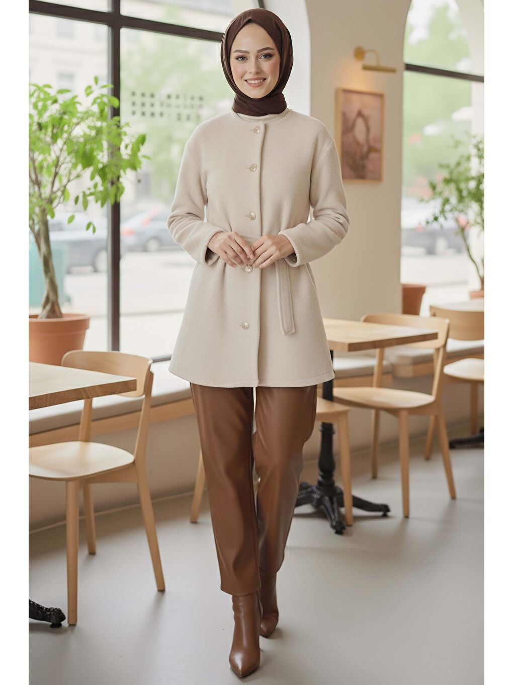 Değmeli Kuşaklı Kaşe Ceket Ekru - 28008-EKRU-3