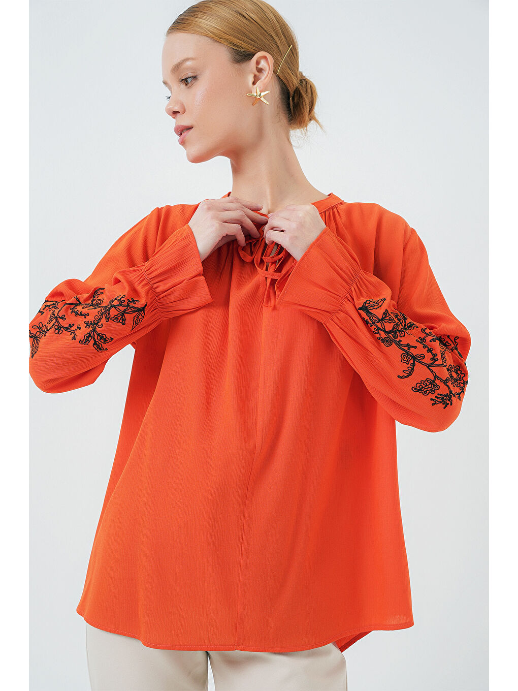 Kadın Nakışlı Örme Bluz 941 - Turuncu-3