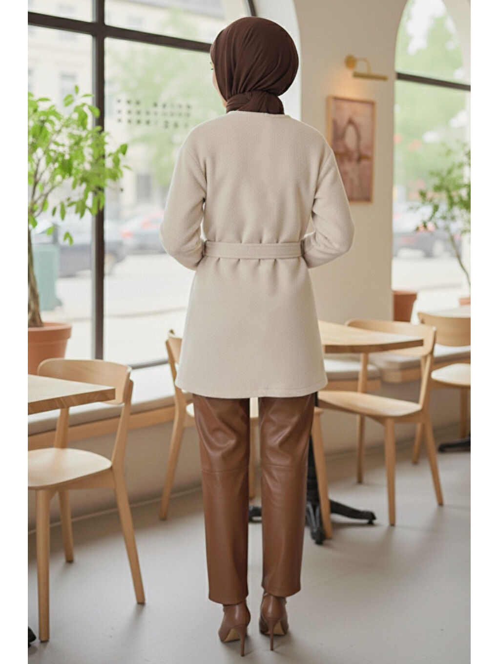 Değmeli Kuşaklı Kaşe Ceket Ekru - 28008-EKRU-4