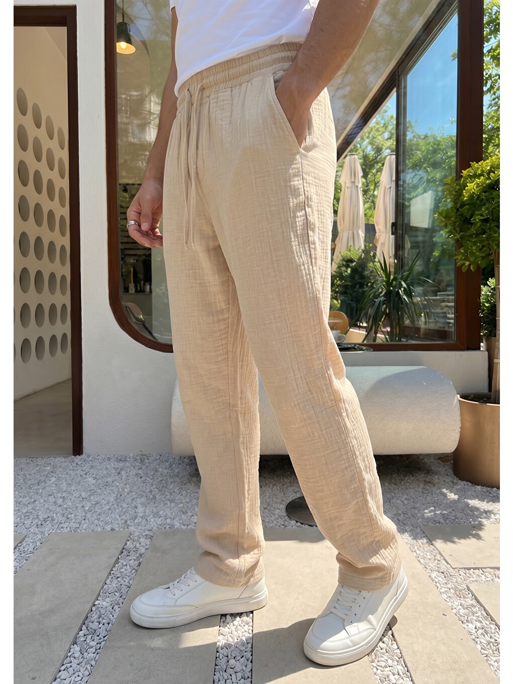 Ekru Balve %100 Pamuk Baggy Müslin Kumaş Erkek Pantolon Bağcıklı Lastikli Bel Yazlık Pantolon-2
