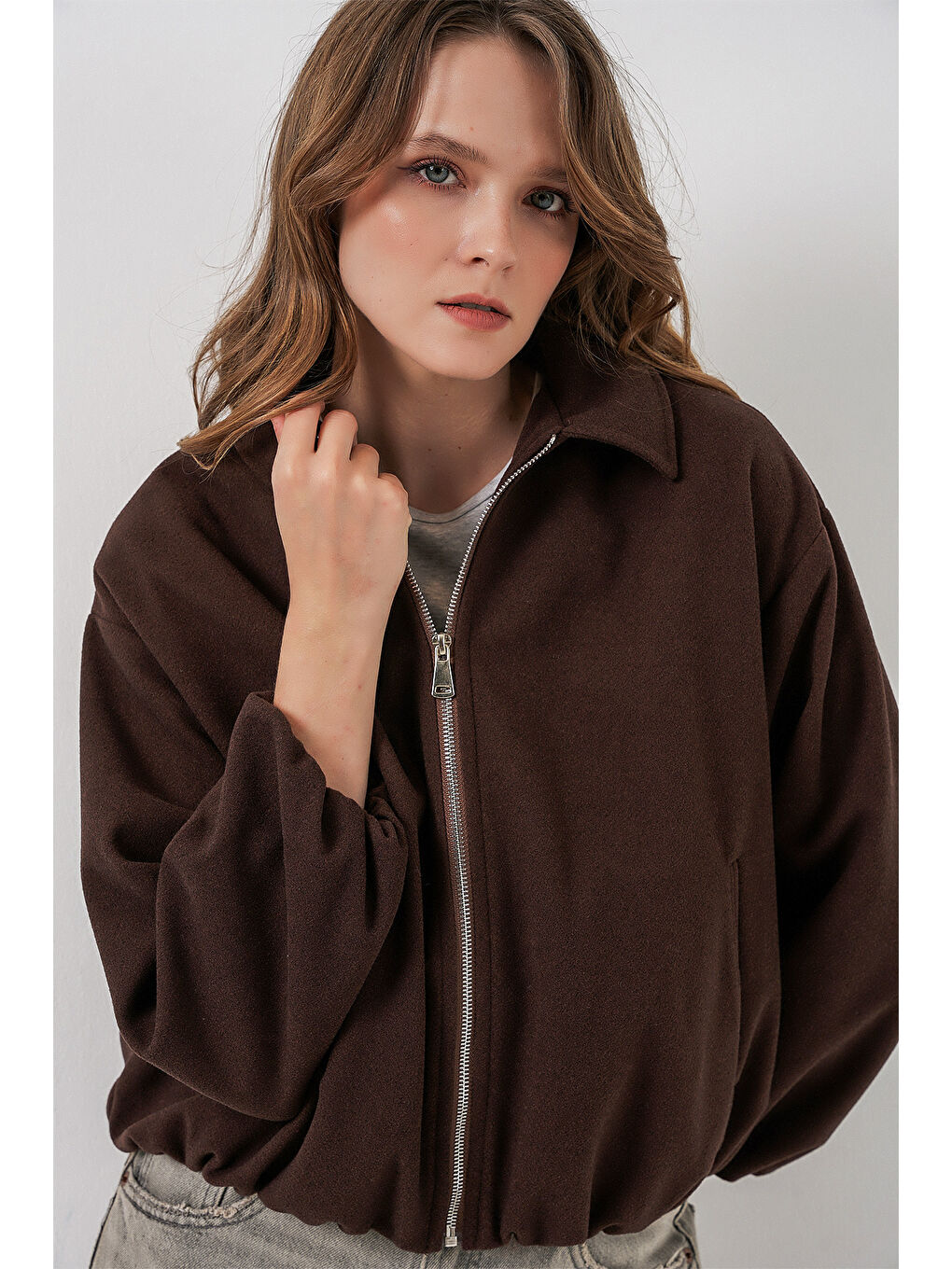Kadın Büzgülü Oversize Kaşe Ceket 0728 - Kahverengi-2