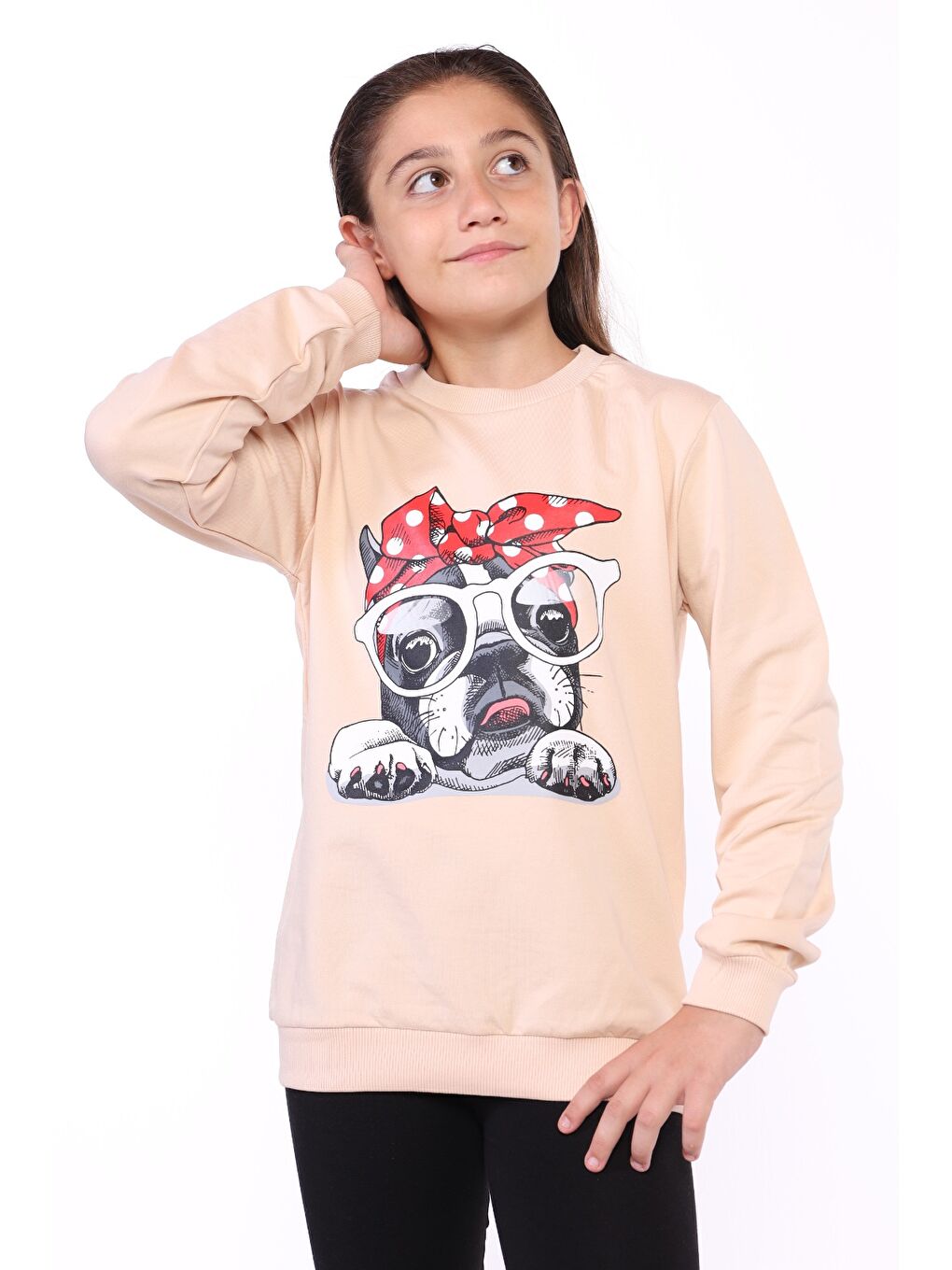 Bej Kız Çocuk Köpek Figür Baskılı Sweatshirt-1