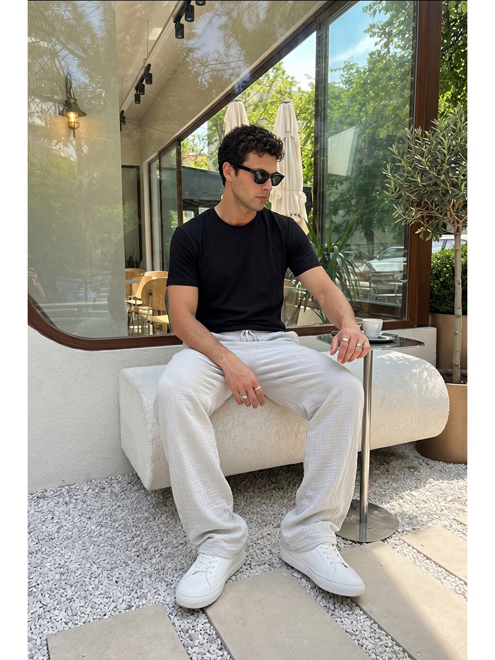 Gri Balve %100 Pamuk Baggy Müslin Kumaş Erkek Pantolon Bağcıklı Lastikli Bel Yazlık Pantolon-5