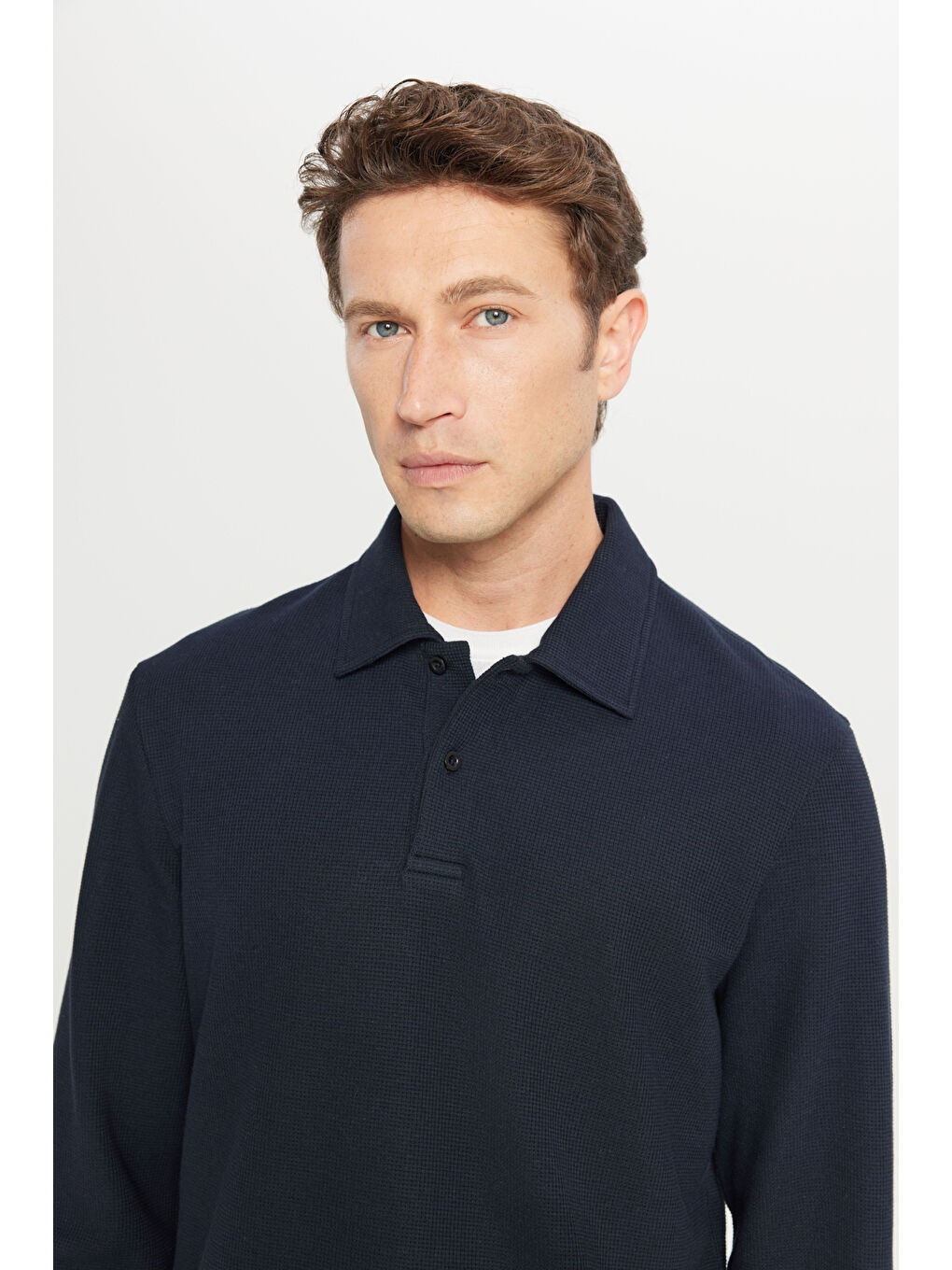 Erkek Lacivert Pamuklu Slim Fit Dar Kesim Polo Yaka Uzun Kollu Jakarlı Esnek Tişört-3