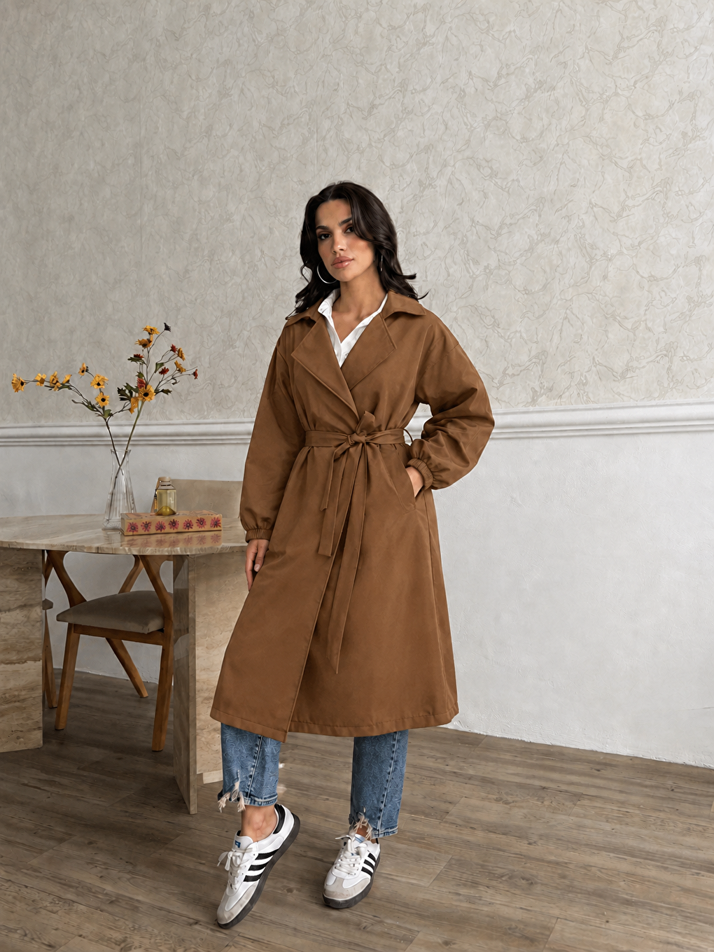 Kahverengi Kadın Klasik Kolu Lastikli Kuşaklı Premium Midi Kahve Trençkot-1