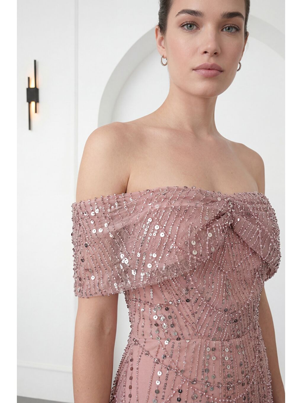 Pembe Kadın Pudra Kayık Yaka Boncuklu Midi Abiye Elbise-2