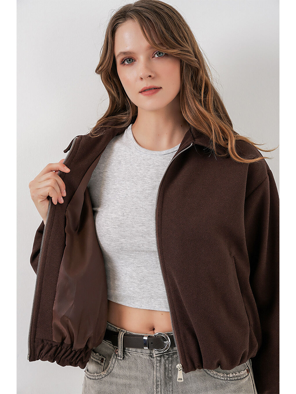 Kadın Büzgülü Oversize Kaşe Ceket 0728 - Kahverengi-3