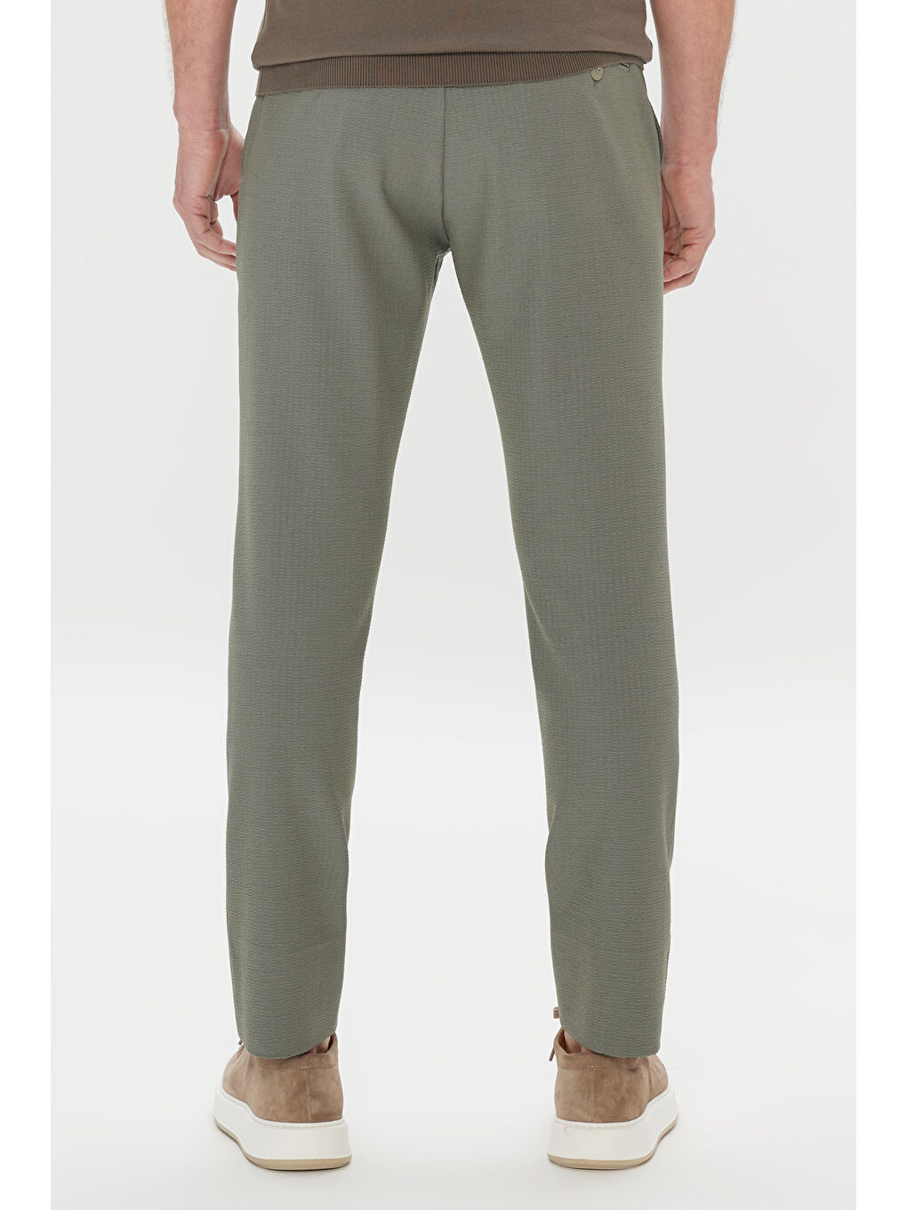 Erkek Haki Slim Fit Dar Kesim Beli Bağlamalı Yan Cep Gofre Desenli Pantolon-4