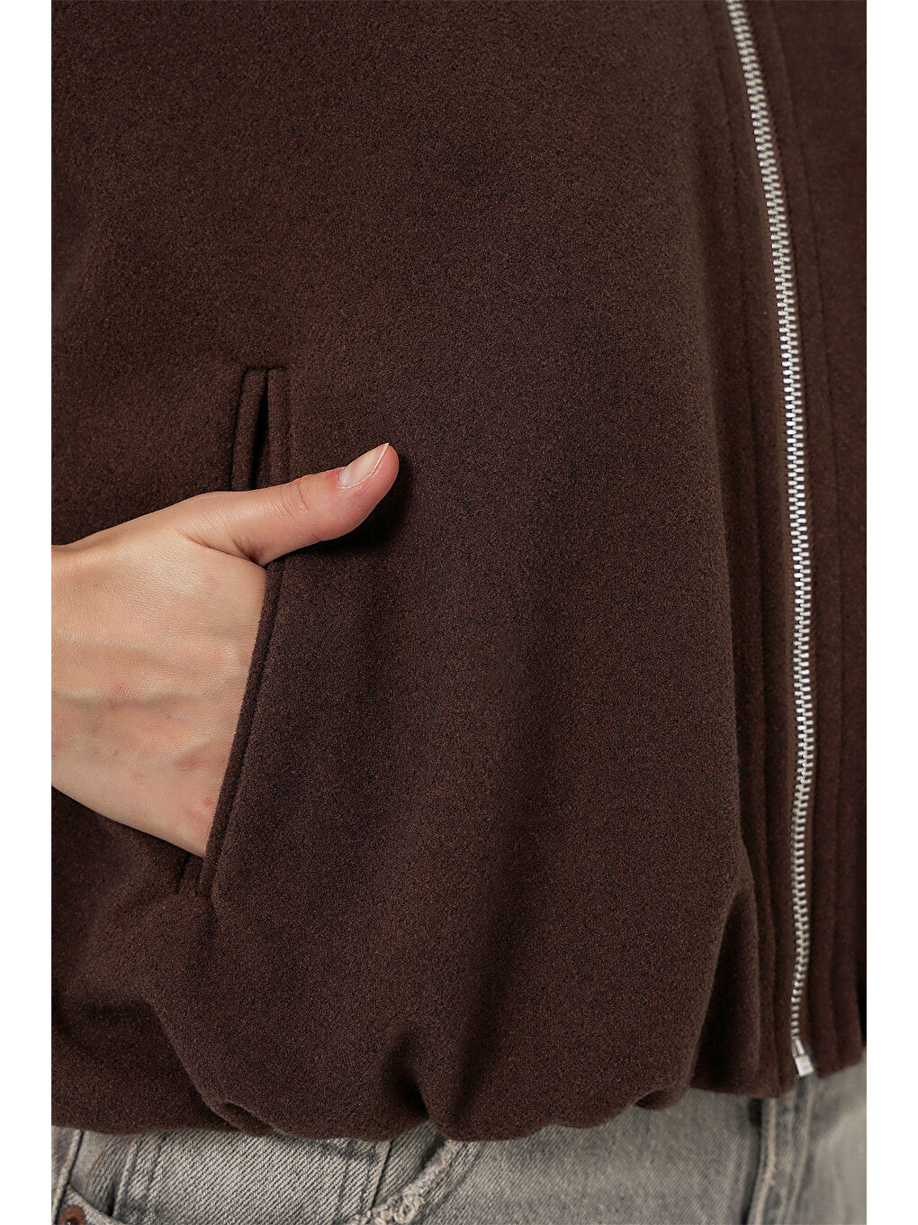 Kadın Büzgülü Oversize Kaşe Ceket 0728 - Kahverengi-4