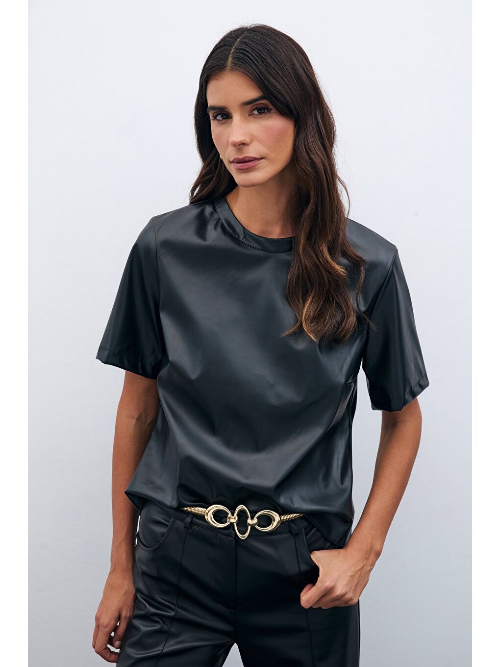 Kısa Kol Deri Bluz - Siyah-1