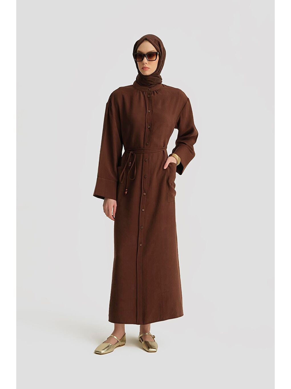 Kahverengi Düğmeli Modal Elbise 25Y9011 Açık Kahve-3