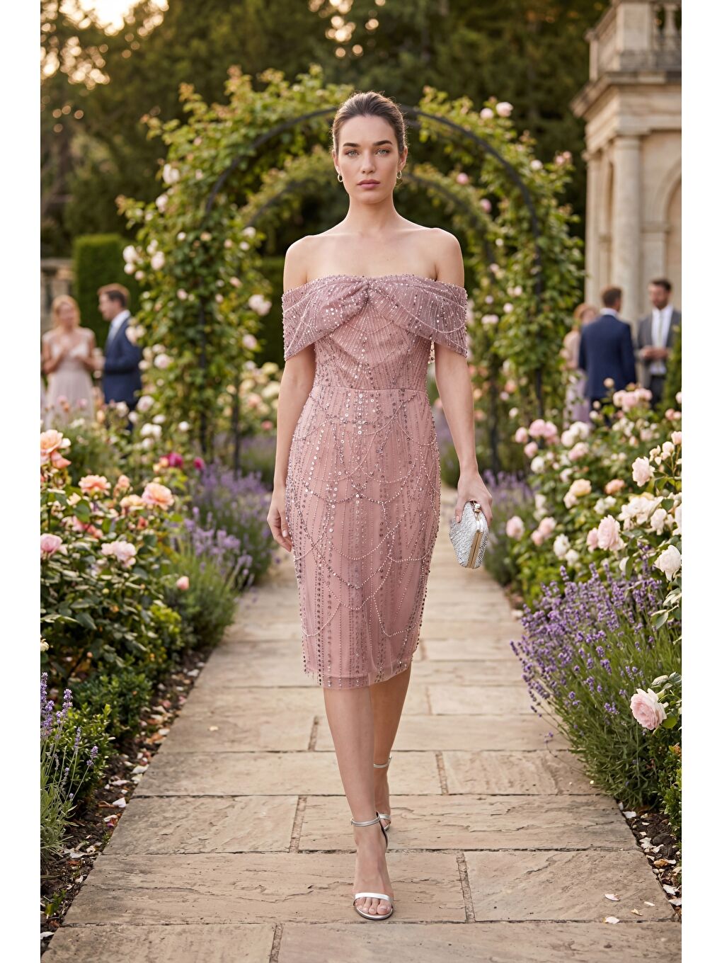 Pembe Kadın Pudra Kayık Yaka Boncuklu Midi Abiye Elbise-3