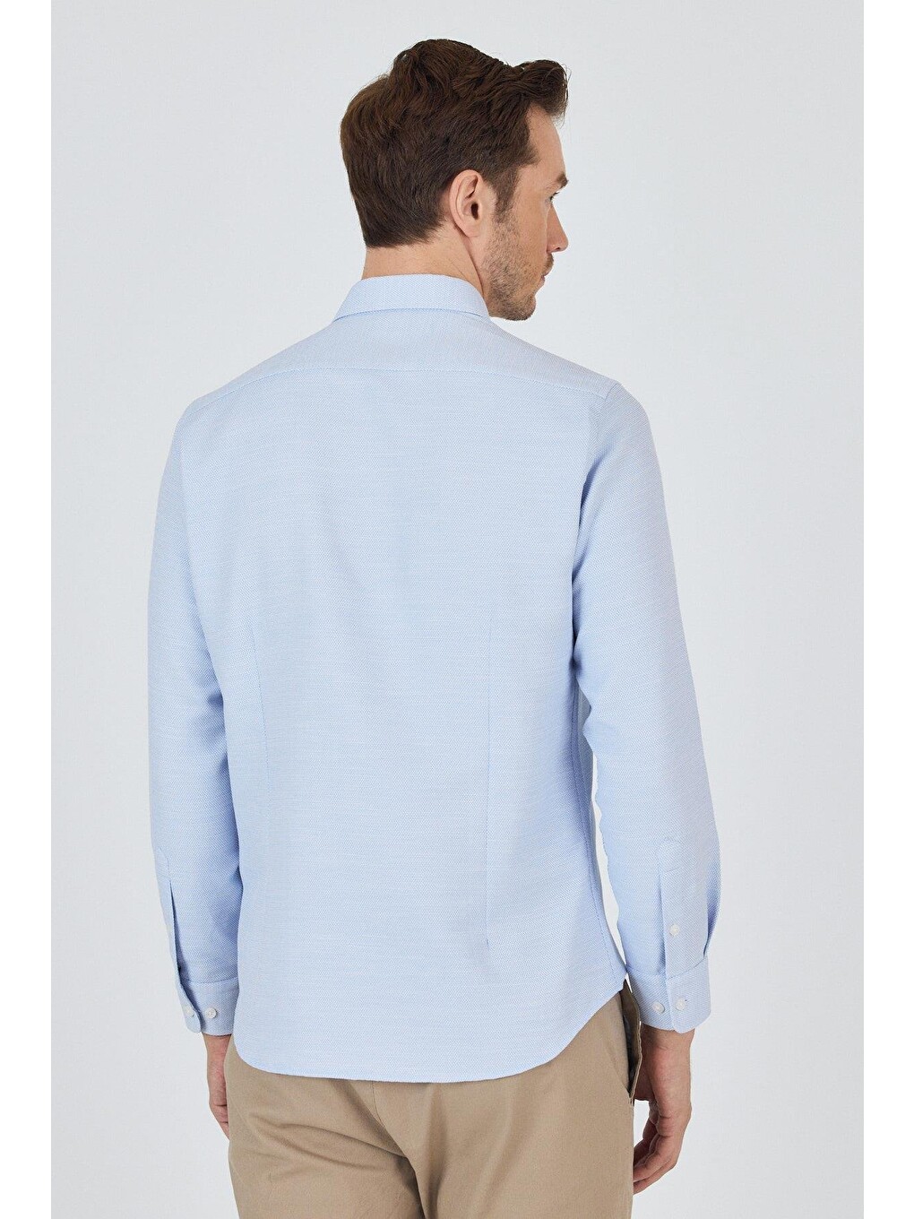Mavi Uzun Kol Desenli Armürlü Düğmeli Yaka Cepsiz Pamuklu Classic Slim Fit Gömlek 1004250204-1