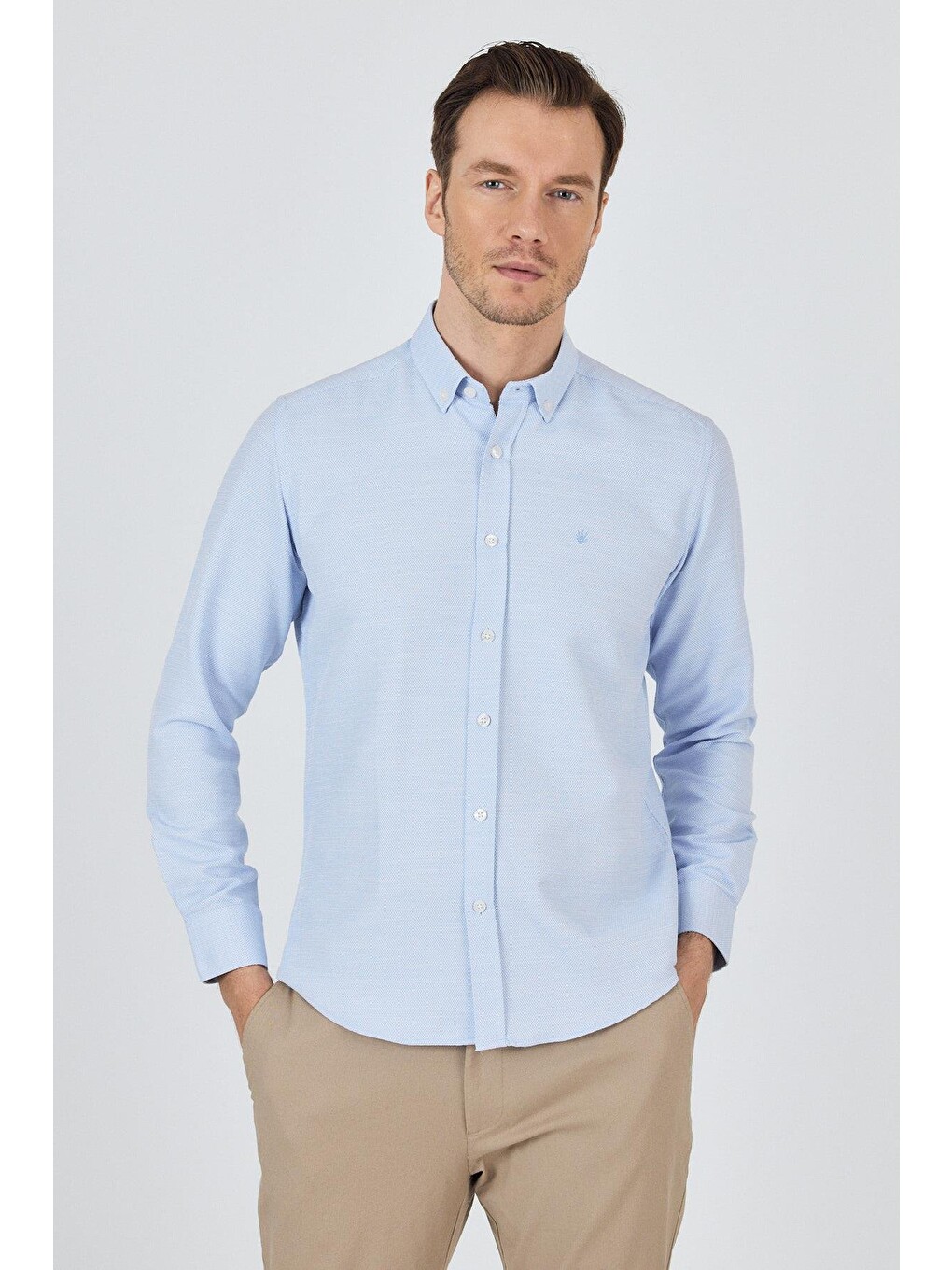 Mavi Uzun Kol Desenli Armürlü Düğmeli Yaka Cepsiz Pamuklu Classic Slim Fit Gömlek 1004250204-2