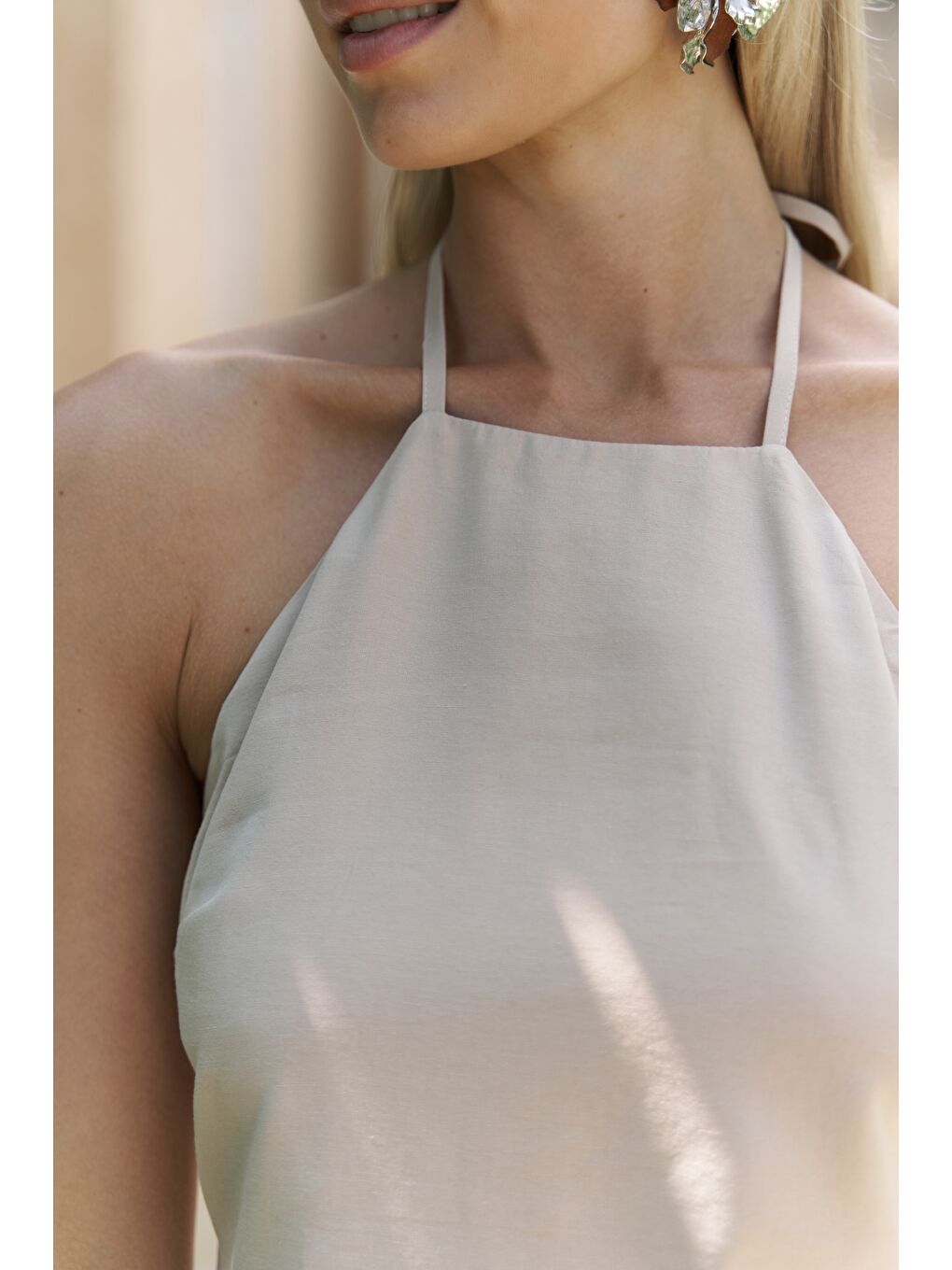 Breagha Bağlamalı Bej Mini Elbise-5