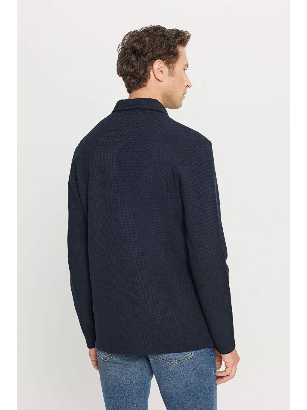 Erkek Lacivert Pamuklu Slim Fit Dar Kesim Polo Yaka Uzun Kollu Jakarlı Esnek Tişört-4