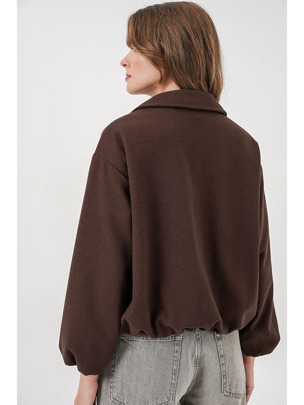 Kadın Büzgülü Oversize Kaşe Ceket 0728 - Kahverengi-5