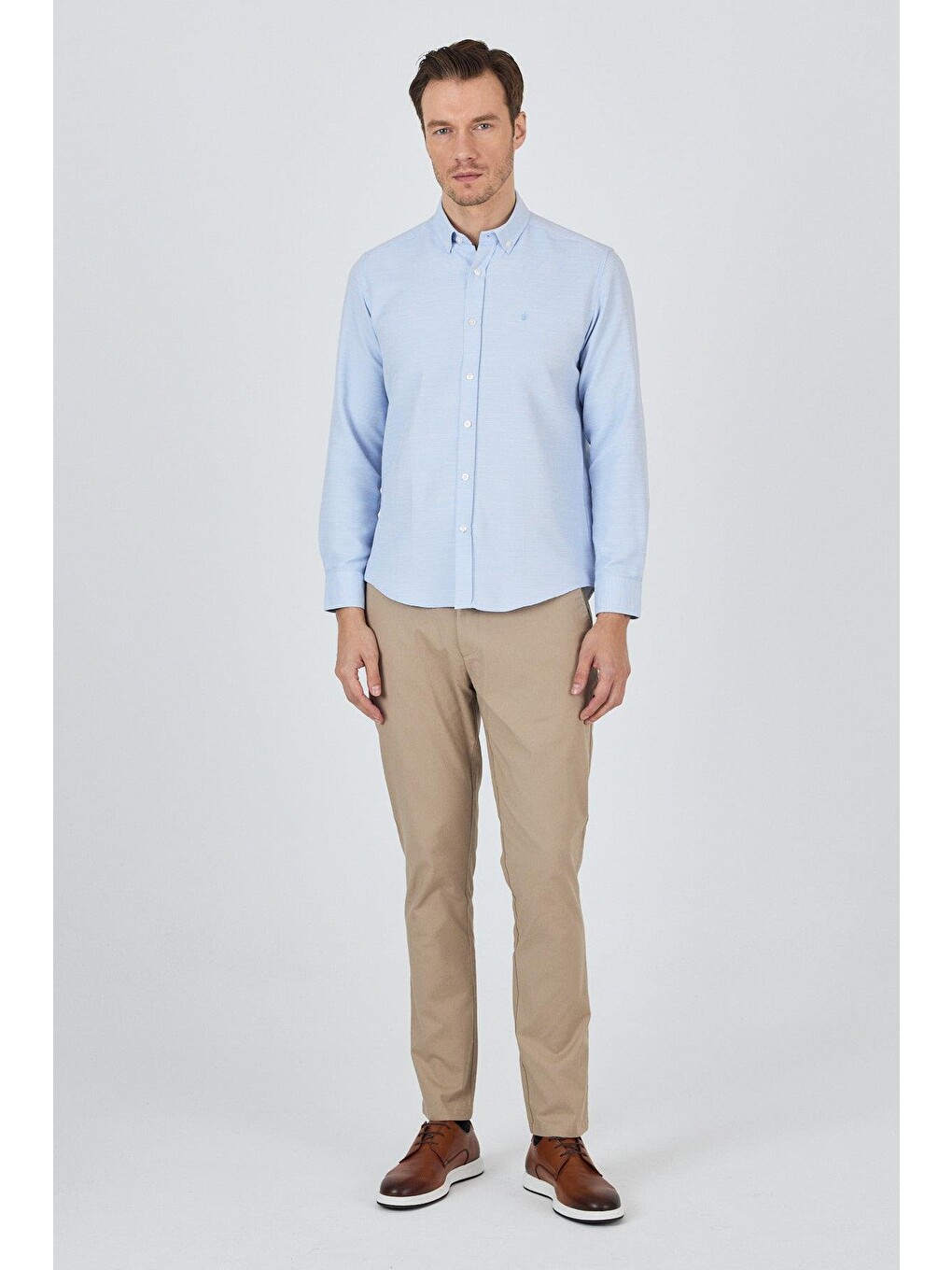 Mavi Uzun Kol Desenli Armürlü Düğmeli Yaka Cepsiz Pamuklu Classic Slim Fit Gömlek 1004250204-3
