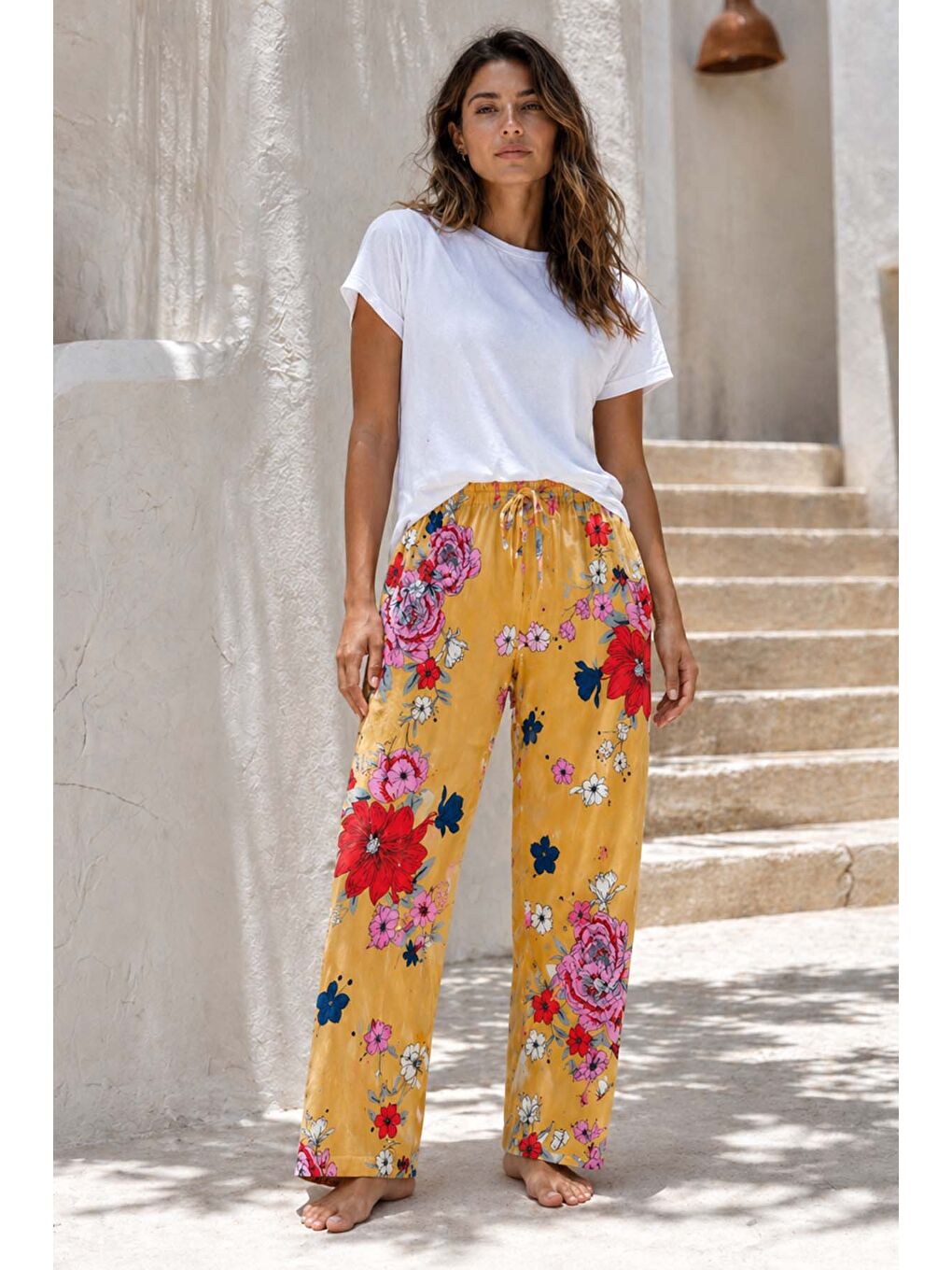 Büyük Beden Kadın Viskon Kumaş Çiçek Desen Penye Battal Tek Pijama Alt 17 Sarı-3
