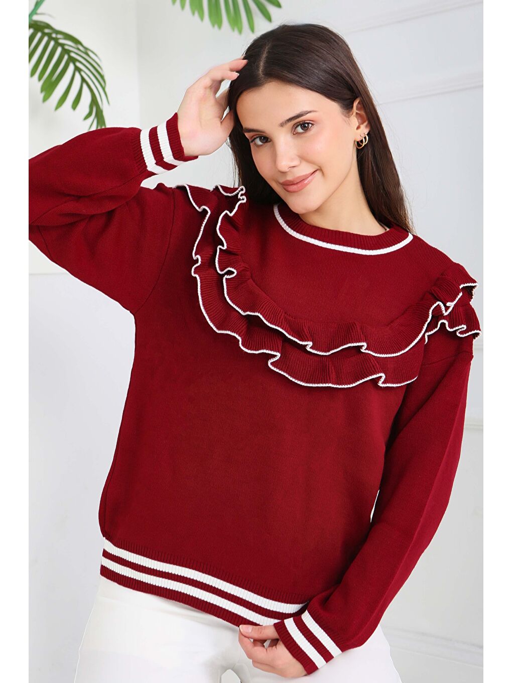 Fırfırlı Çizgili Triko Kazak Bordo - 28006-BORDO