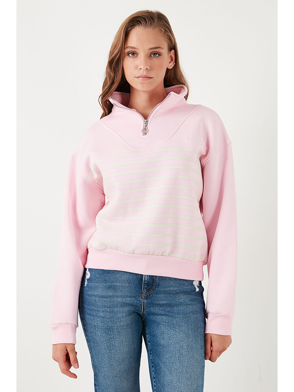 Lela Canlı Pembe Streç Oversize Fit Yarım Fermuarlı Dik Yaka Kadın Sweat 5865883 - 1