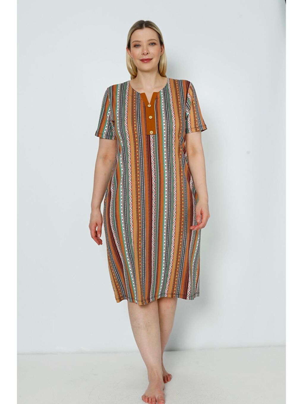 Karışık kadın kısa kollu desenli cepli büyük beden pamuklu elbise-2