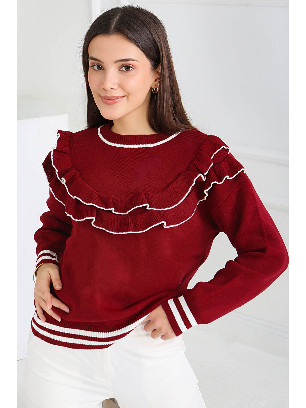 Fırfırlı Çizgili Triko Kazak Bordo - 28006-BORDO-1