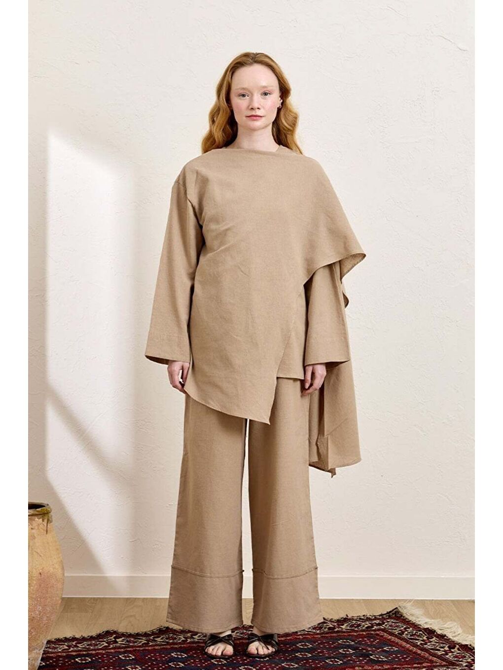 Bej Karamel Organik Keten Double Paça Pantolon