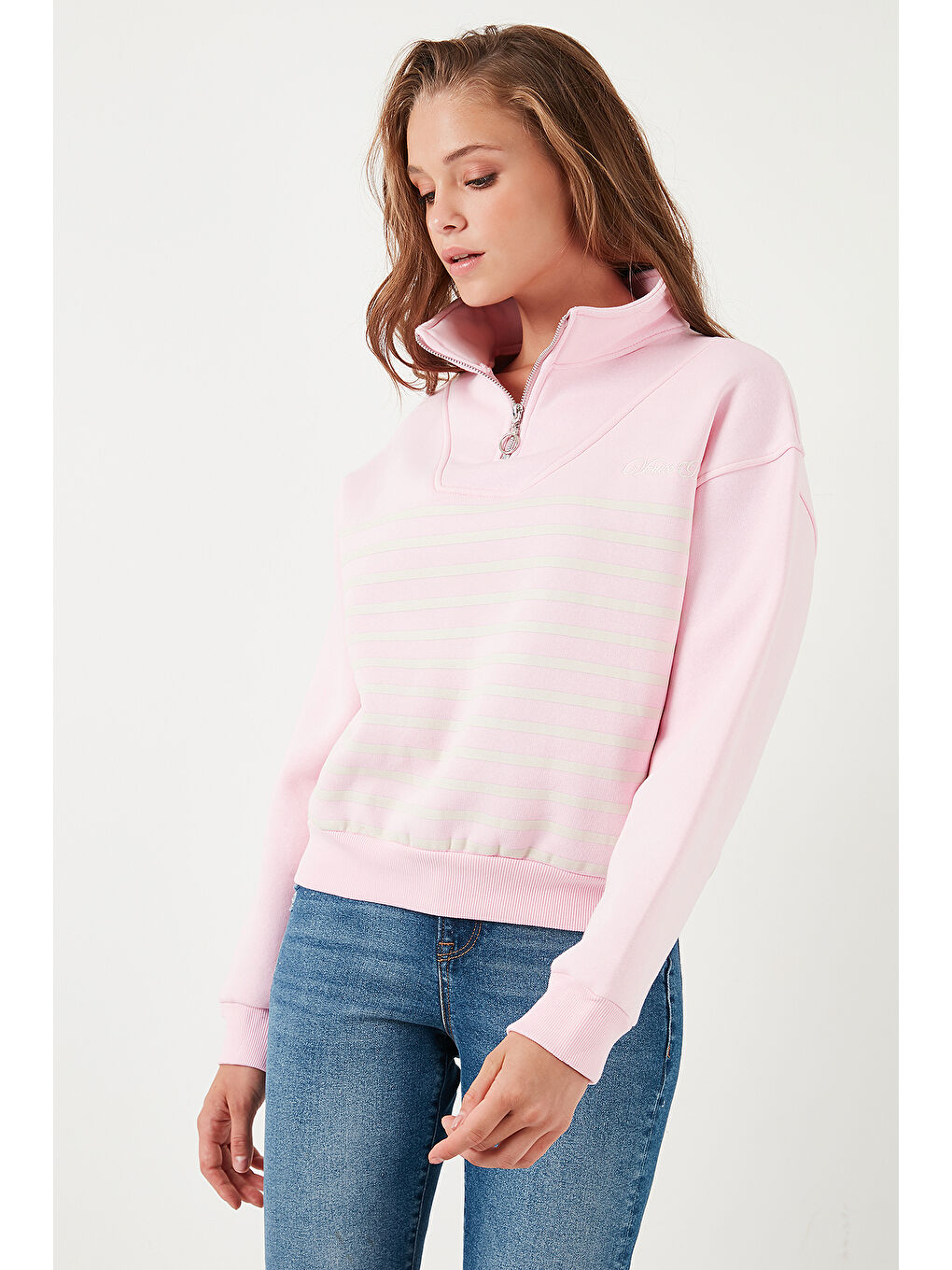 Lela Canlı Pembe Streç Oversize Fit Yarım Fermuarlı Dik Yaka Kadın Sweat 5865883 - 3