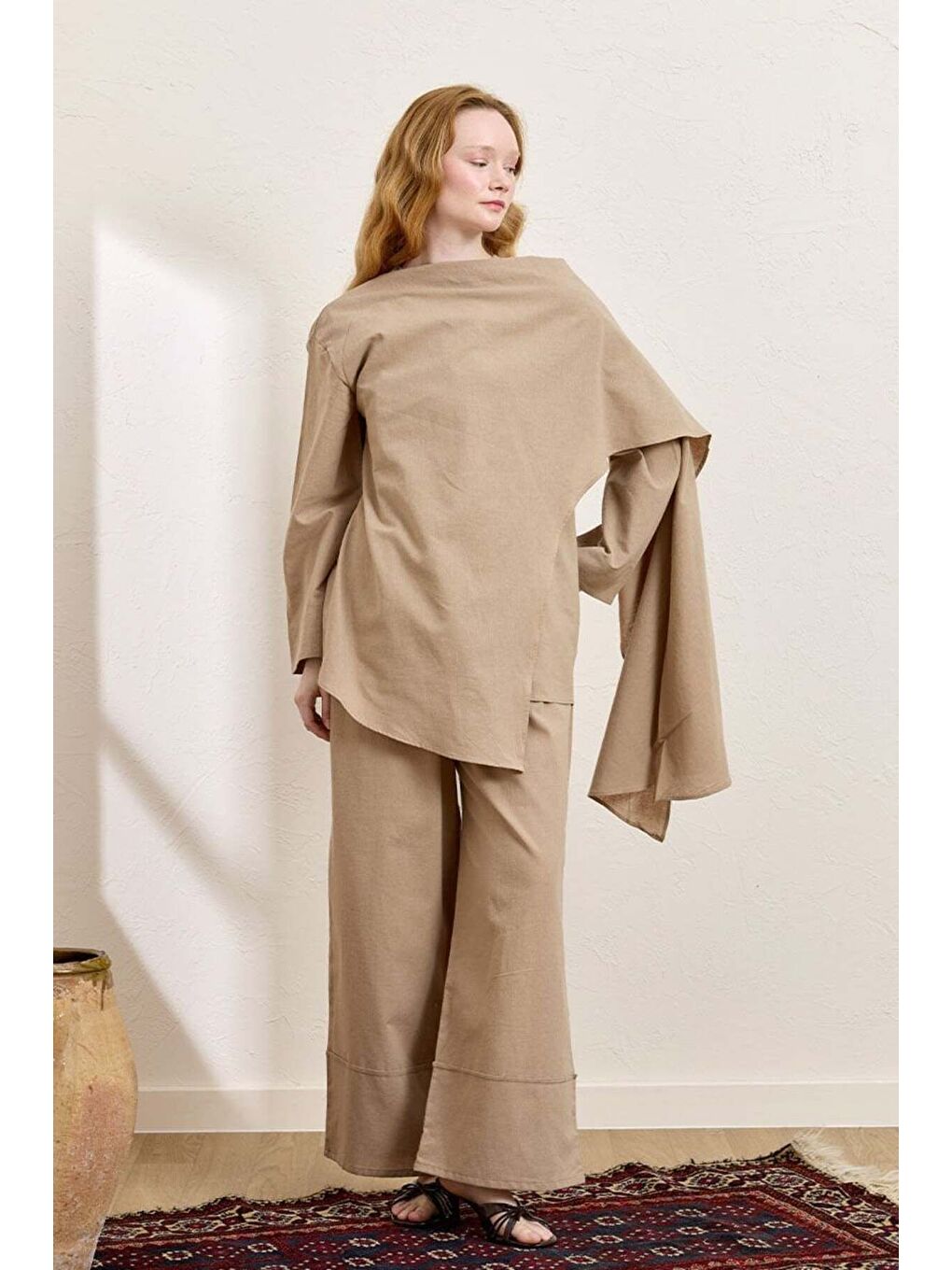 Bej Karamel Organik Keten Double Paça Pantolon-1