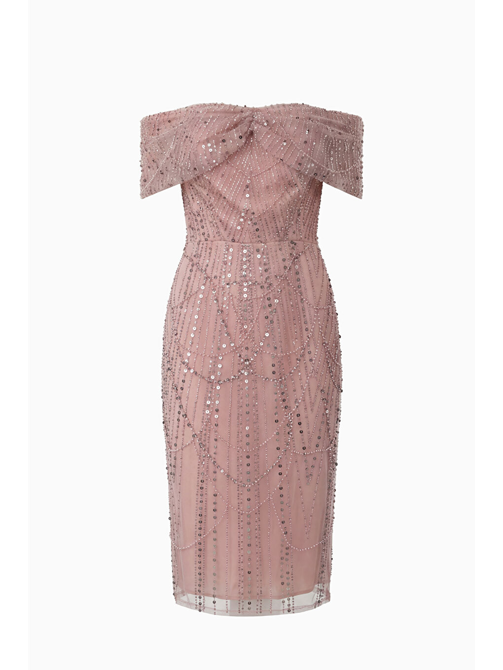Pembe Kadın Pudra Kayık Yaka Boncuklu Midi Abiye Elbise-5